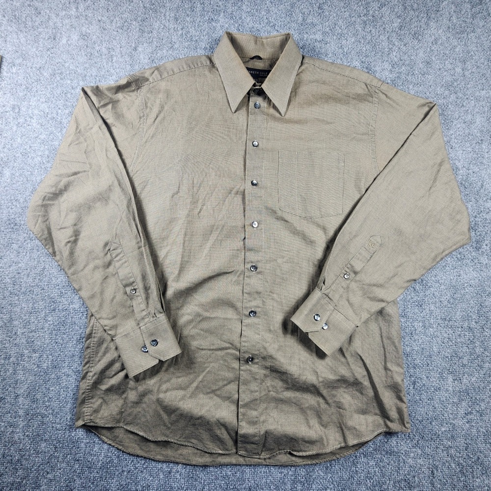 Kenneth Cole New York Mens 16.5 36-37 Dress Shirt Olive Green Micro Check Cotton